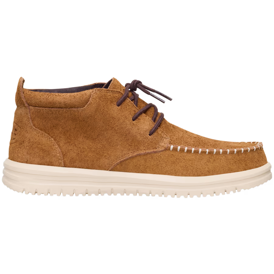 product shot of Heydude Wally NXT moccasin-inspired shoes in brown suede