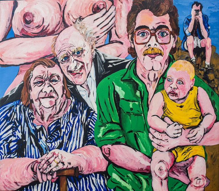 one of Jon C Wood's artworks, featuring a man holding a baby, an elderly couple and a a nude torso in the background with bare breasts. Also, a man in the background taking a photo