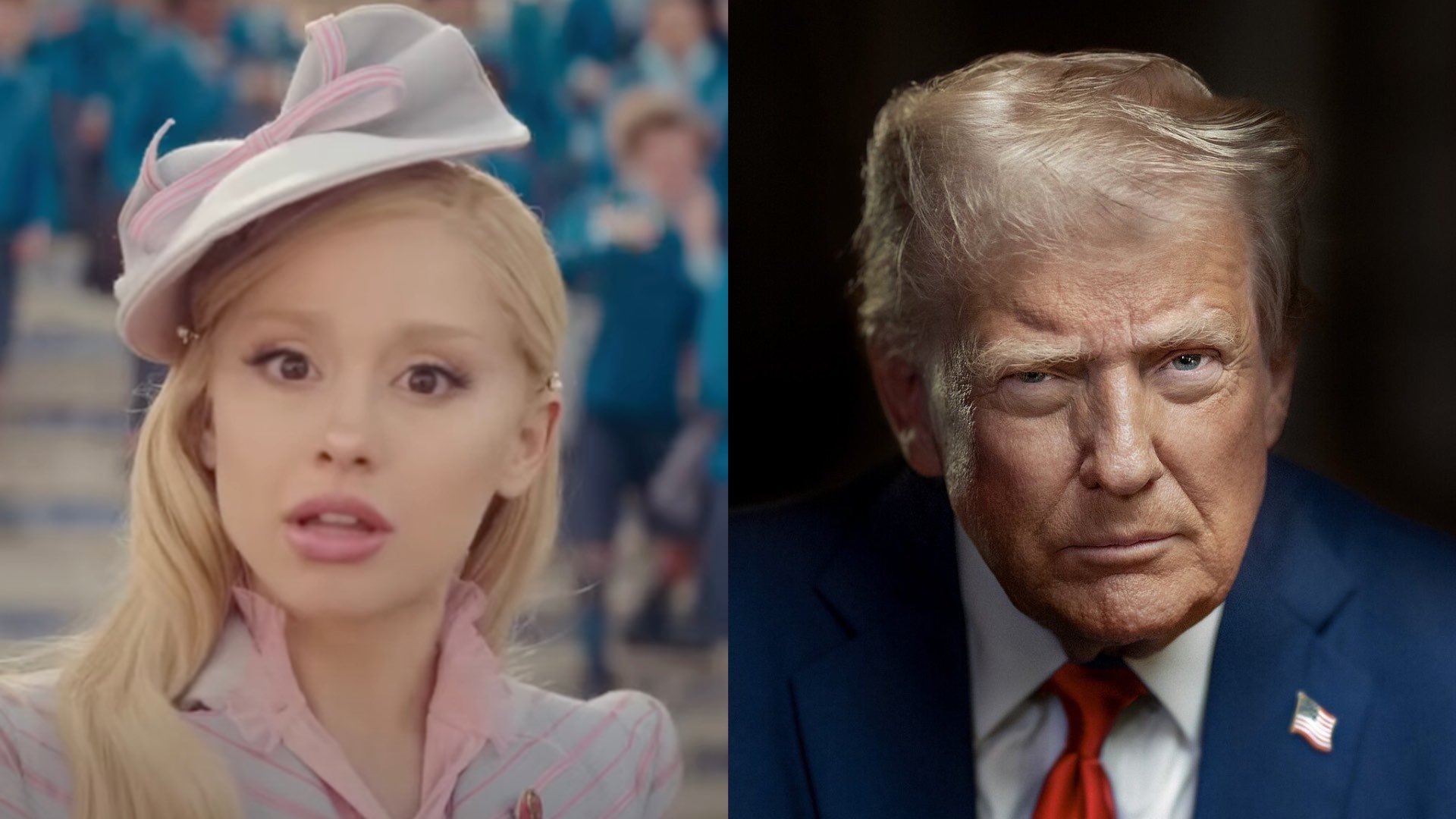 Ariana Grande in Wicked and Trump in dark moody room