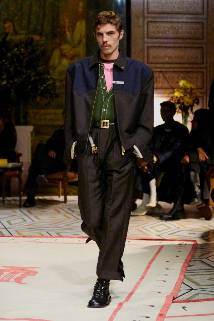 A model wears a western inspired look from the Versace Spring/Summer 2026 show in Milan.
