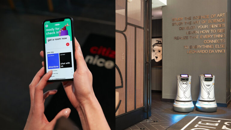 Checking in using a phone at CitizenM hotel and robots at Hotel EMC2