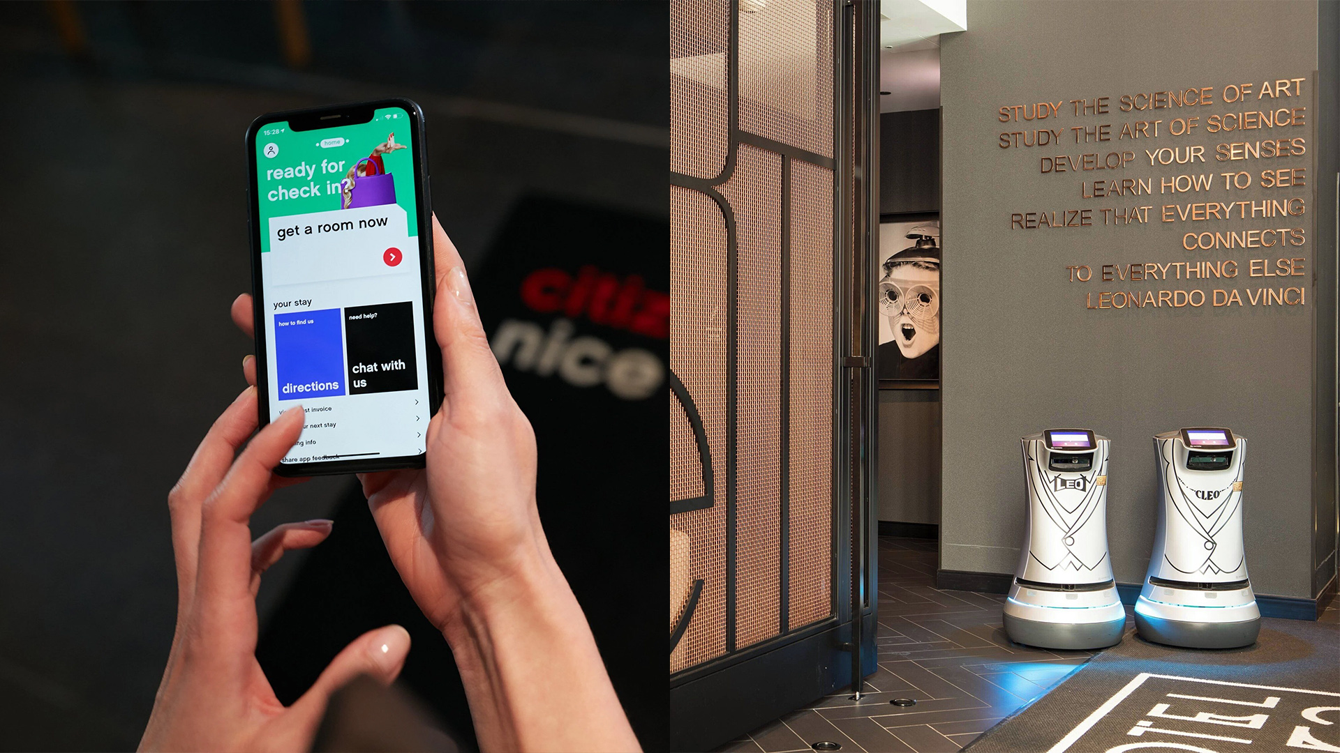 Checking in using a phone at CitizenM hotel and robots at Hotel EMC2