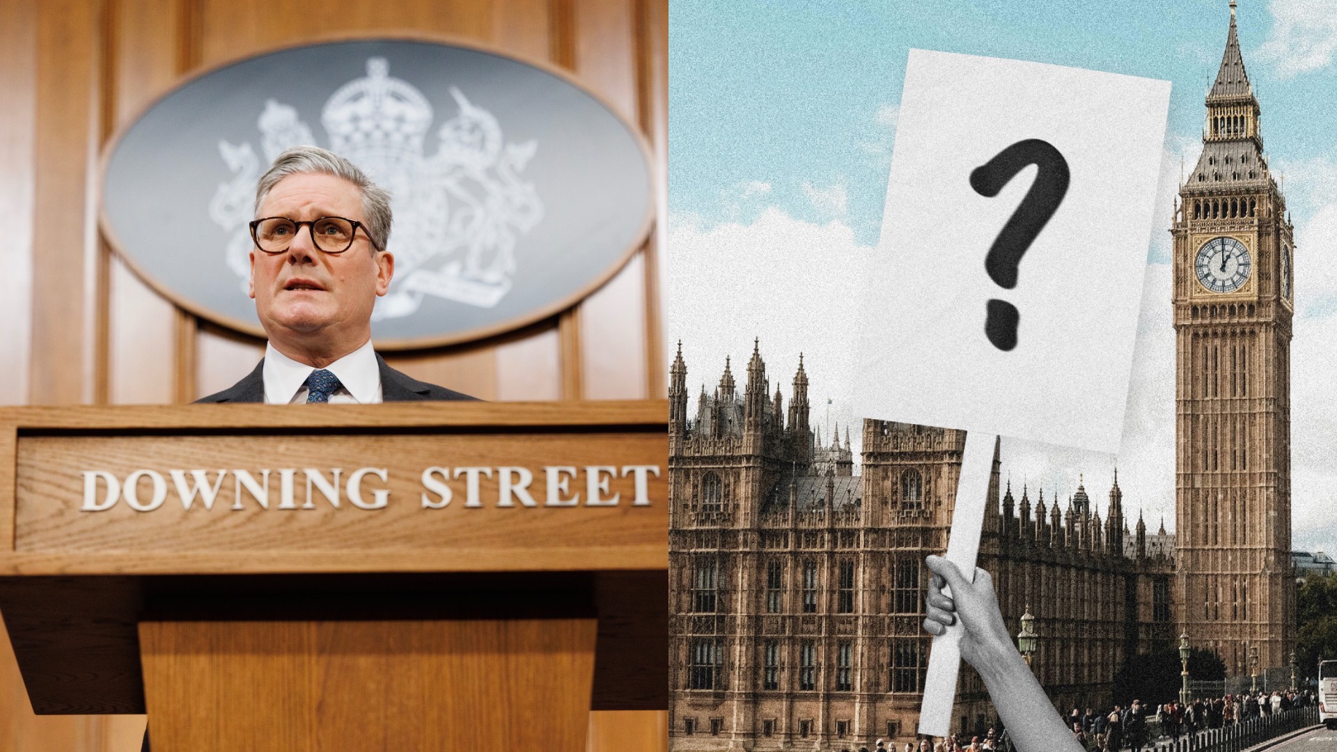 a composite - on the left, Keir Starmer's face just visible from Downing Street lectern, and right, a collage of a person holding a placard with a question mark on it, Houses of Parliament visible in the background