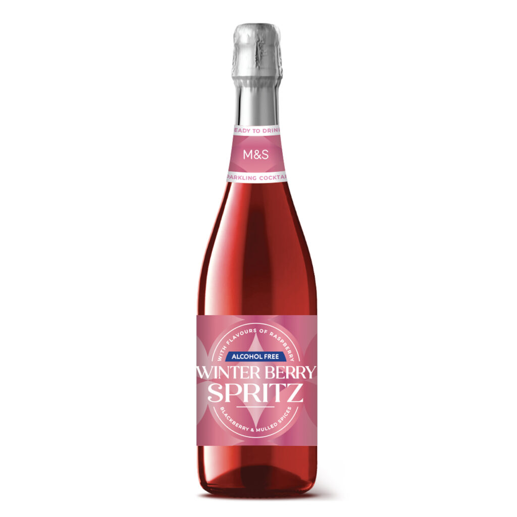 A bottle of M&S Alcohol-Free Winter Berry Spritz