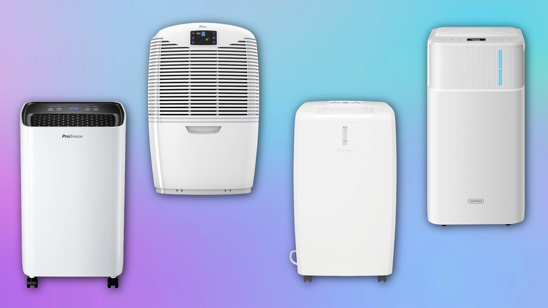 A selection of dehumidifiers against a colourful backdrop