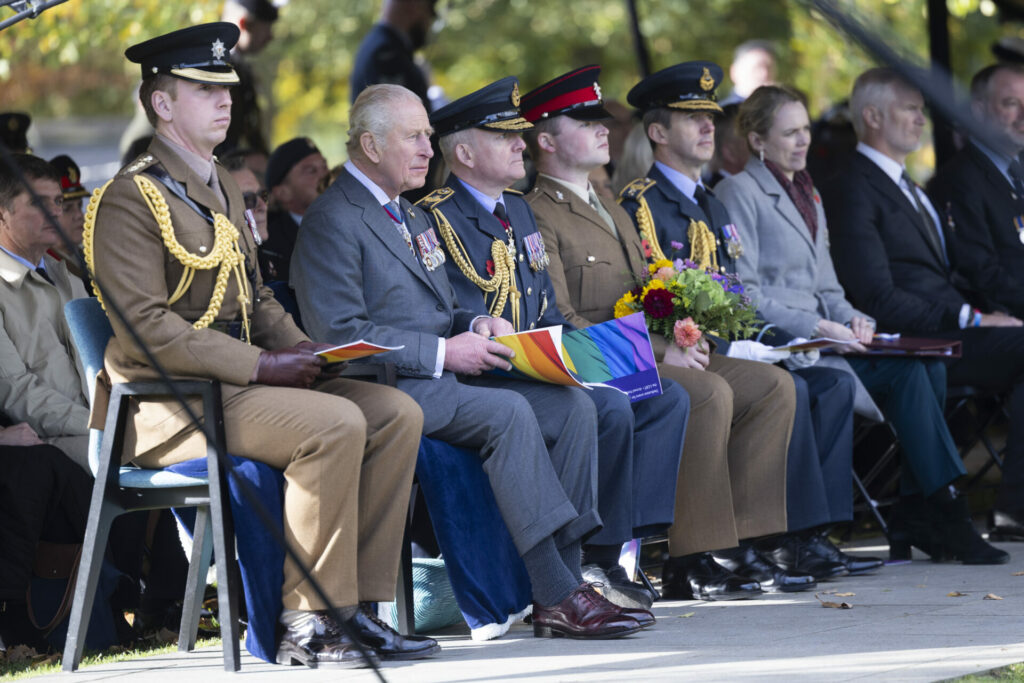 King Charles visiting a new memorial to the Armed Forces LGBT+ community at the National Memorial Arboretum in Staffordshire