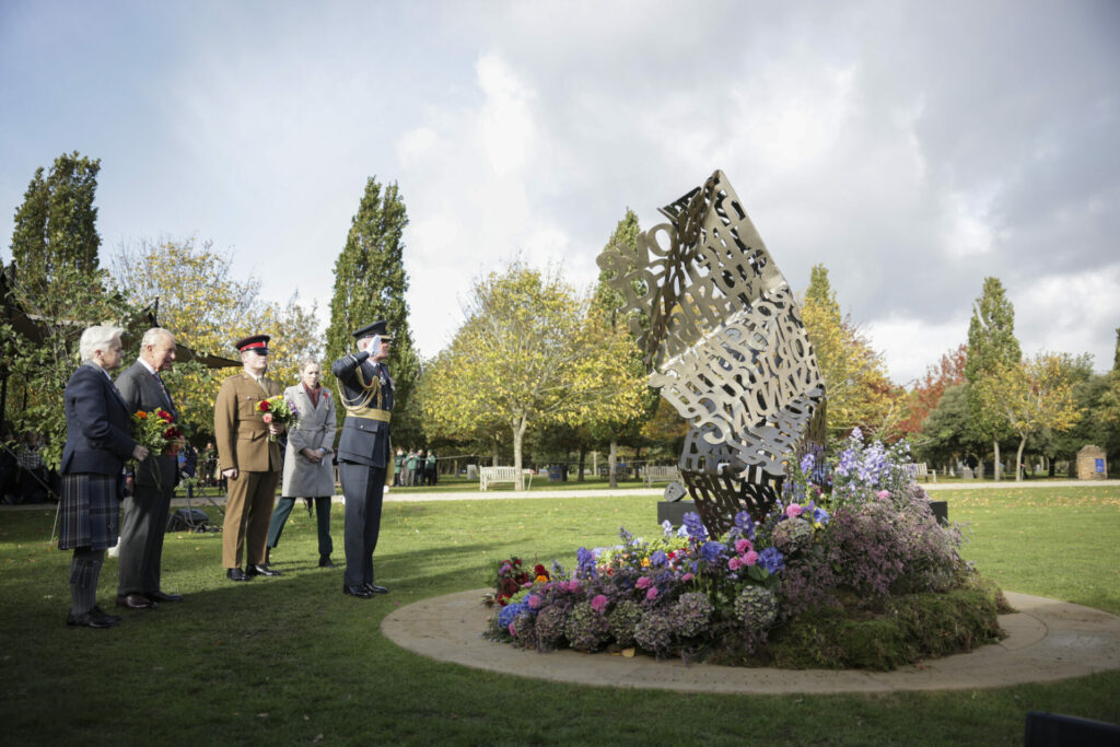 King Charles visiting a new memorial to the Armed Forces LGBT+ community at the National Memorial Arboretum in Staffordshire