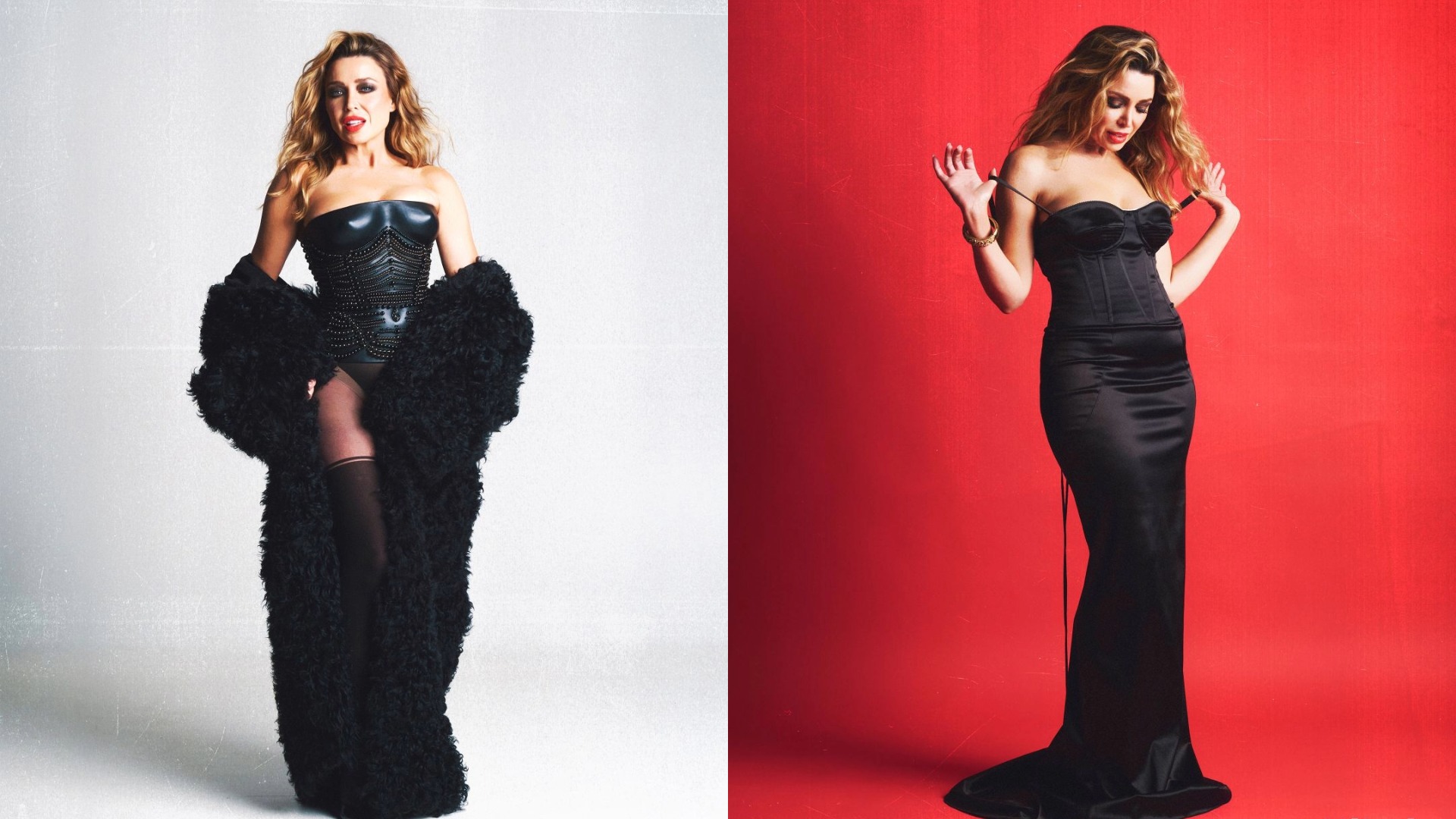 Side by side images of Dannii Minogue in a black corset and fishnets and a black gown