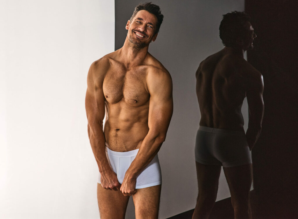 Model David Gandy wearing the David Gandy Wellwear ultimate trunks.