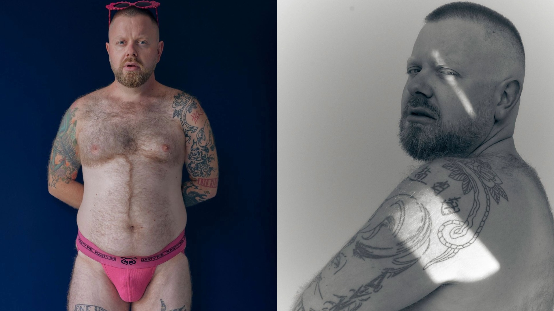 Side by side shots of Ginny Lemon in underwear and shirtless