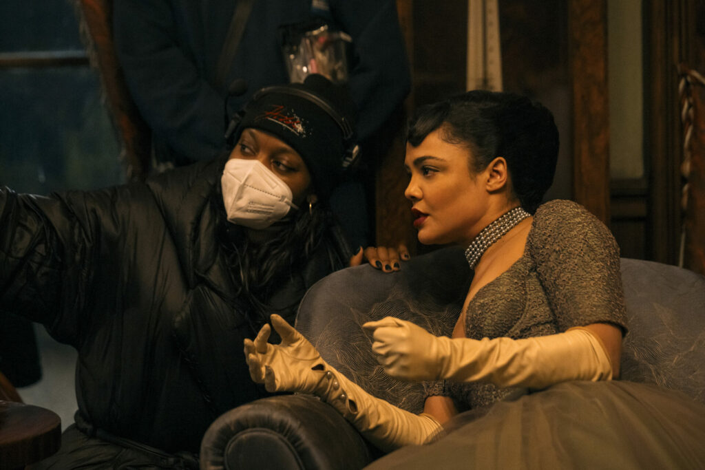 Director Nia DaCosta and Tessa Thompson on the set of Hedda