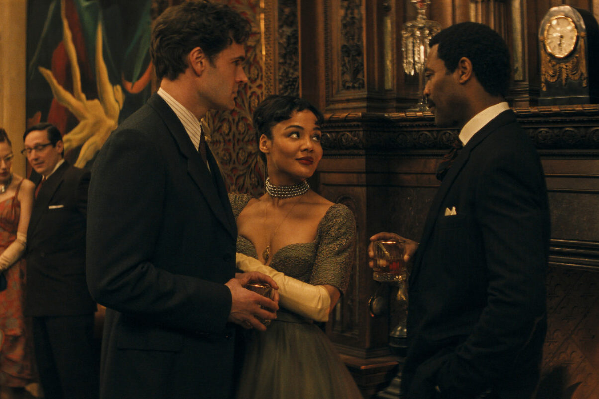 (L-R) George Tessman (Tom Bateman), Hedda Gabler (Tessa Thompson) and Judge Roland Brack (Nicholas Pinnock) in HEDDA