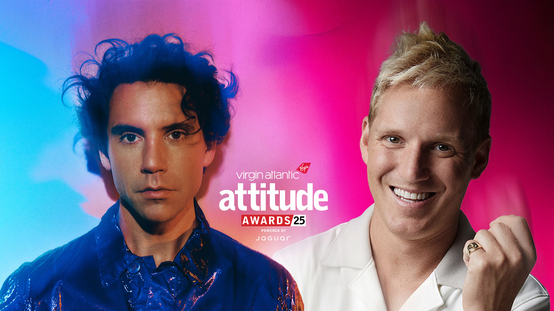 Mika and Jamie Laing's headshots against a purple backdrop with the Attitude Awards logo