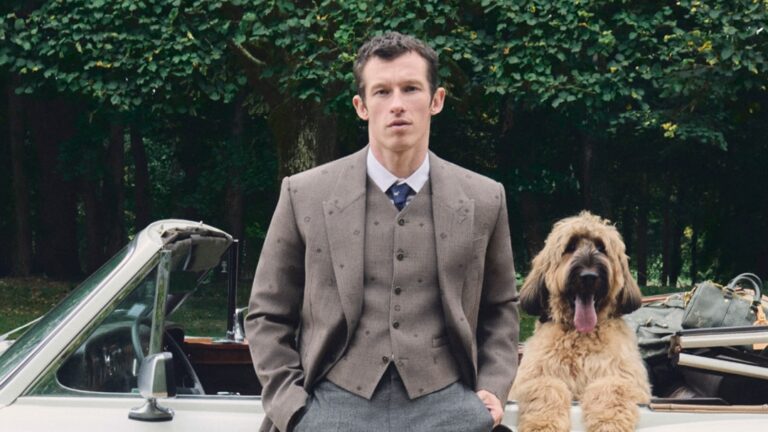 Actor Callum Turner wearing a three-piece suit in the Louis Vuitton 2026 Pre-Collection campaign.