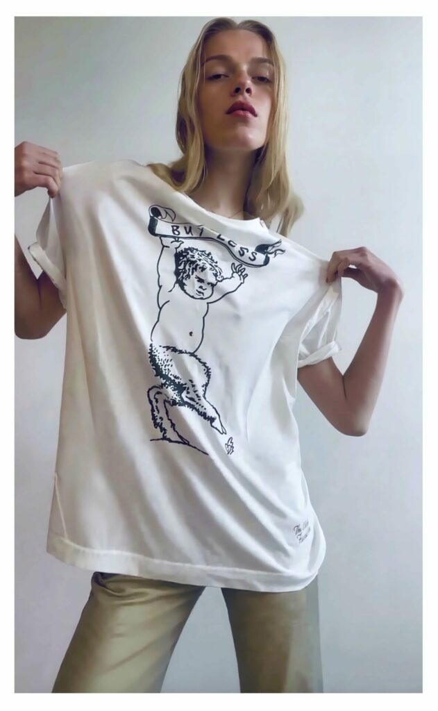 Colin Jones models an archival Vivienne Westwood print as part of a charity collection for The Vivienne Foundation.