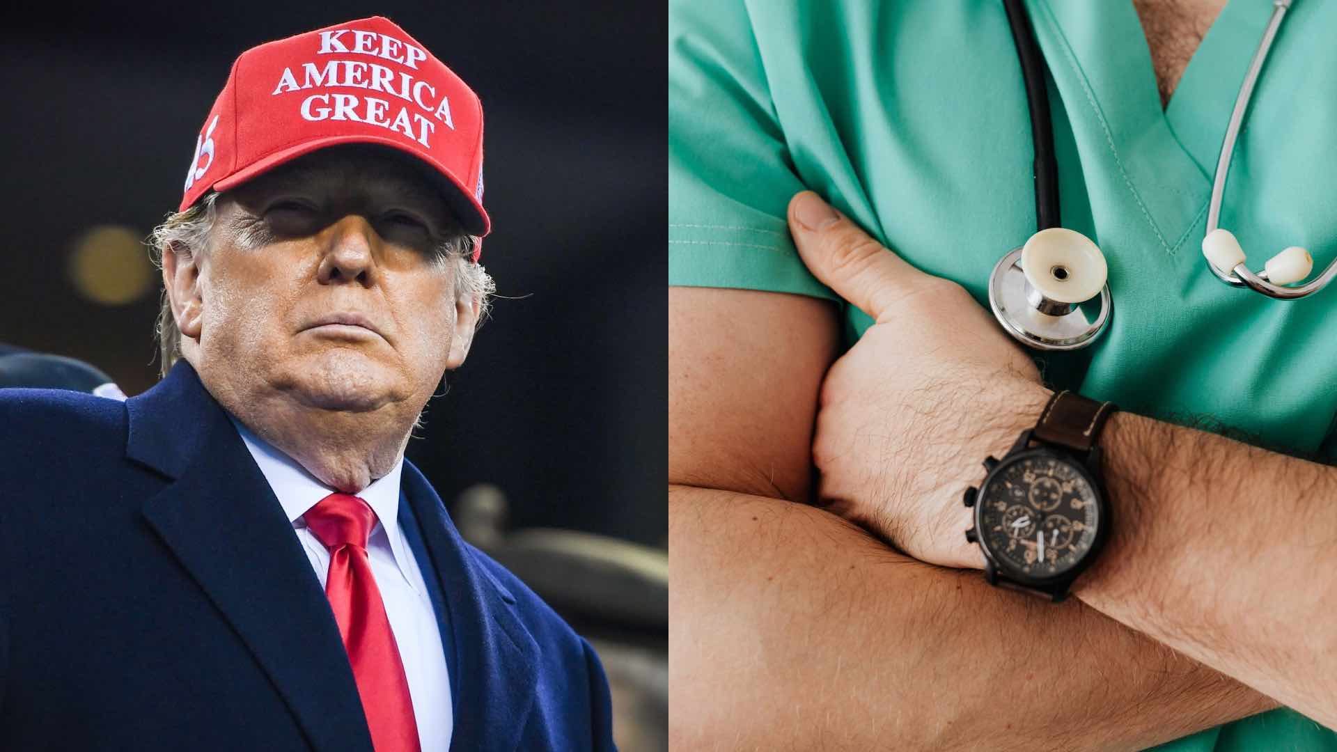Donald Trump wearing a MAGA hat and a doctor crossing his harms