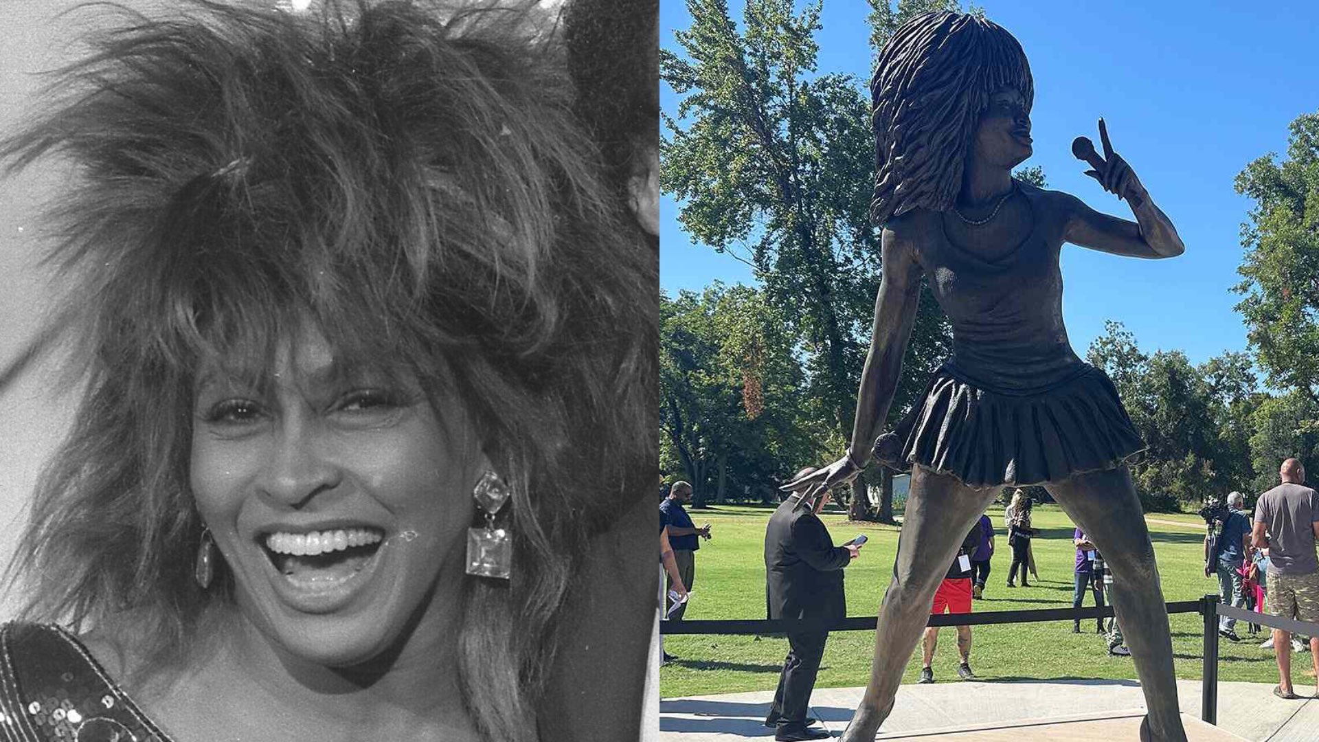 Tina Turner in black and white on the left and her new statue on the right