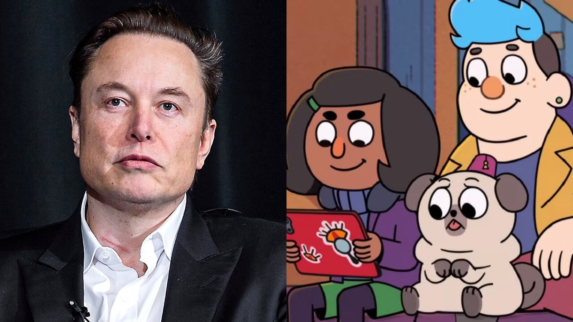 Elon Musk and three cartoon characters from Dead End: Paranormal Park