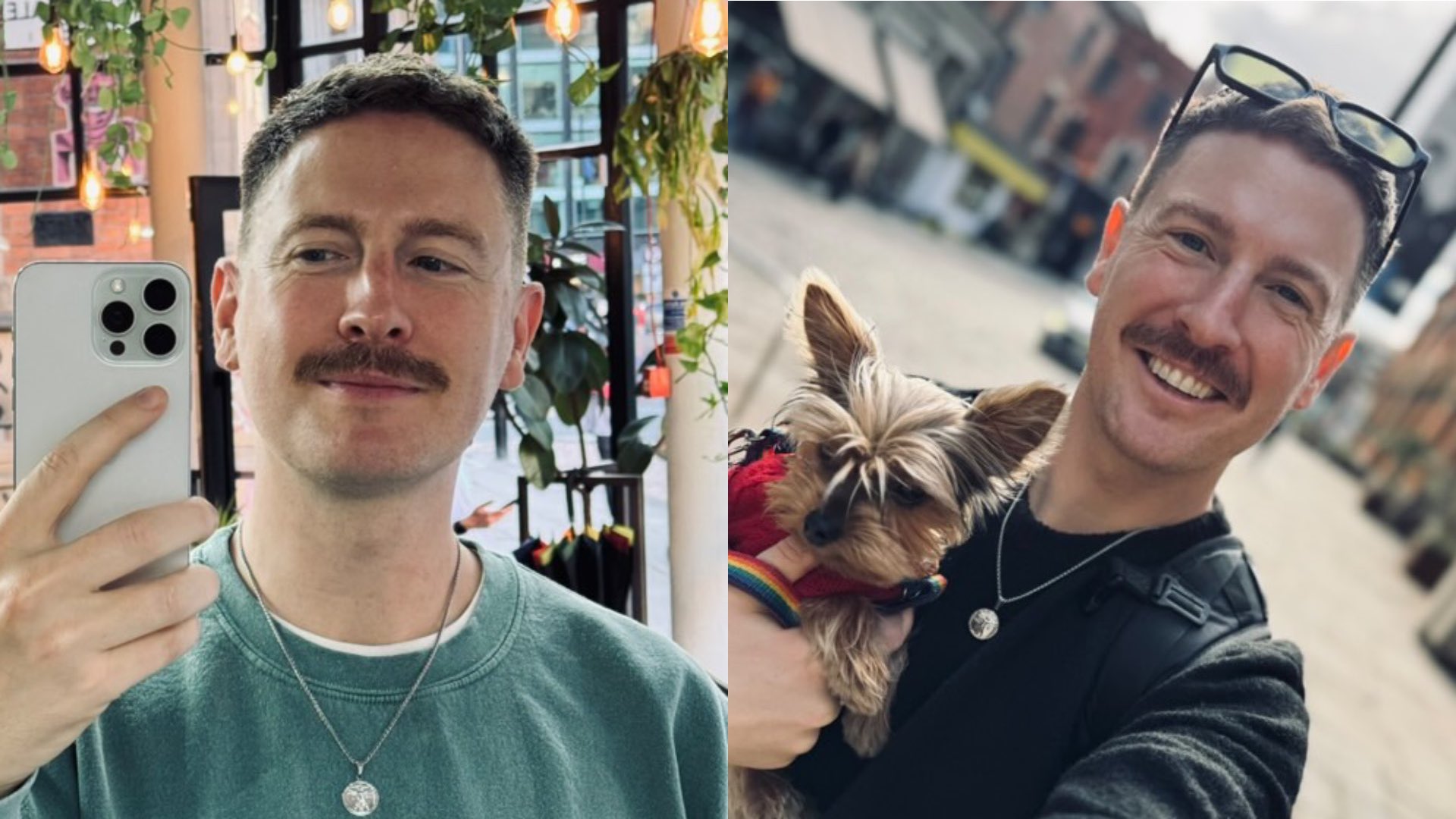 Karl Considine wearing a green jumper in a mirror selfie on the left and holding his dog on the right