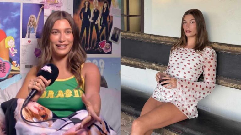 Hailey Bieber on In Your Dreams With Owen Thiele podcast on the left and in a dress on the right