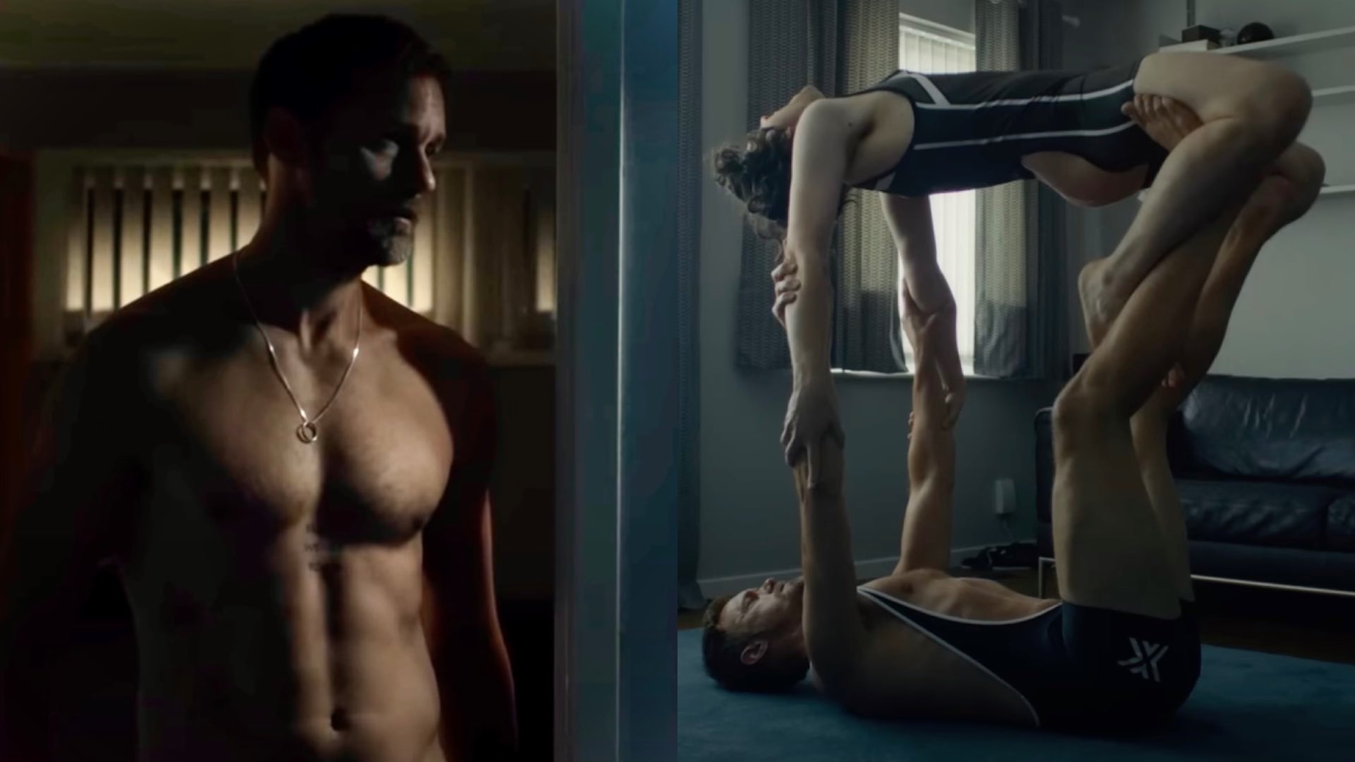 Alexander Skarsgård shirtless on the left and Harry Melling stretching on top of Skarsgård on the right
