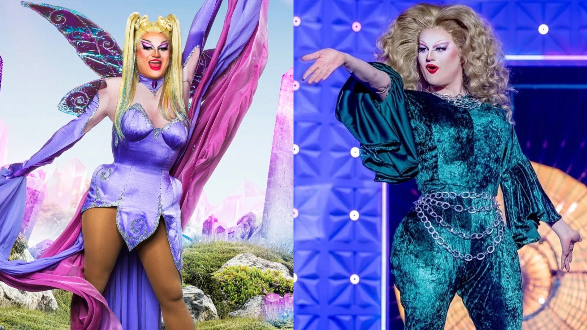 Pasty on the left in her entrance look and on the right in her sewing challenge runway look.