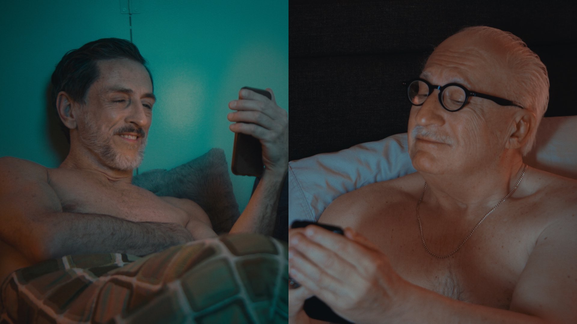 Paul James Saunders and Duff MacDonald topless in bed texting