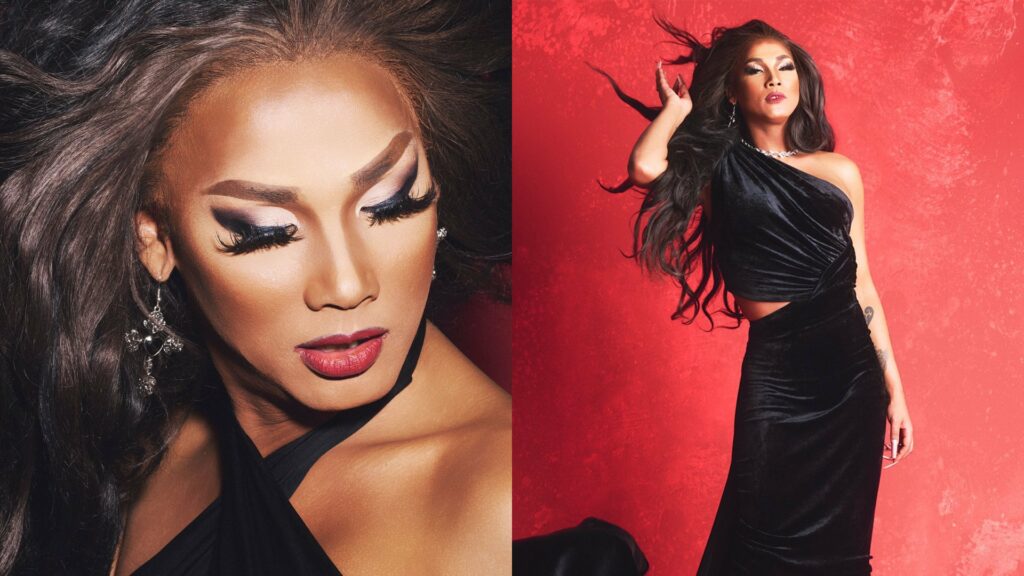 Tiara Skye with red backdrop holding in black dress