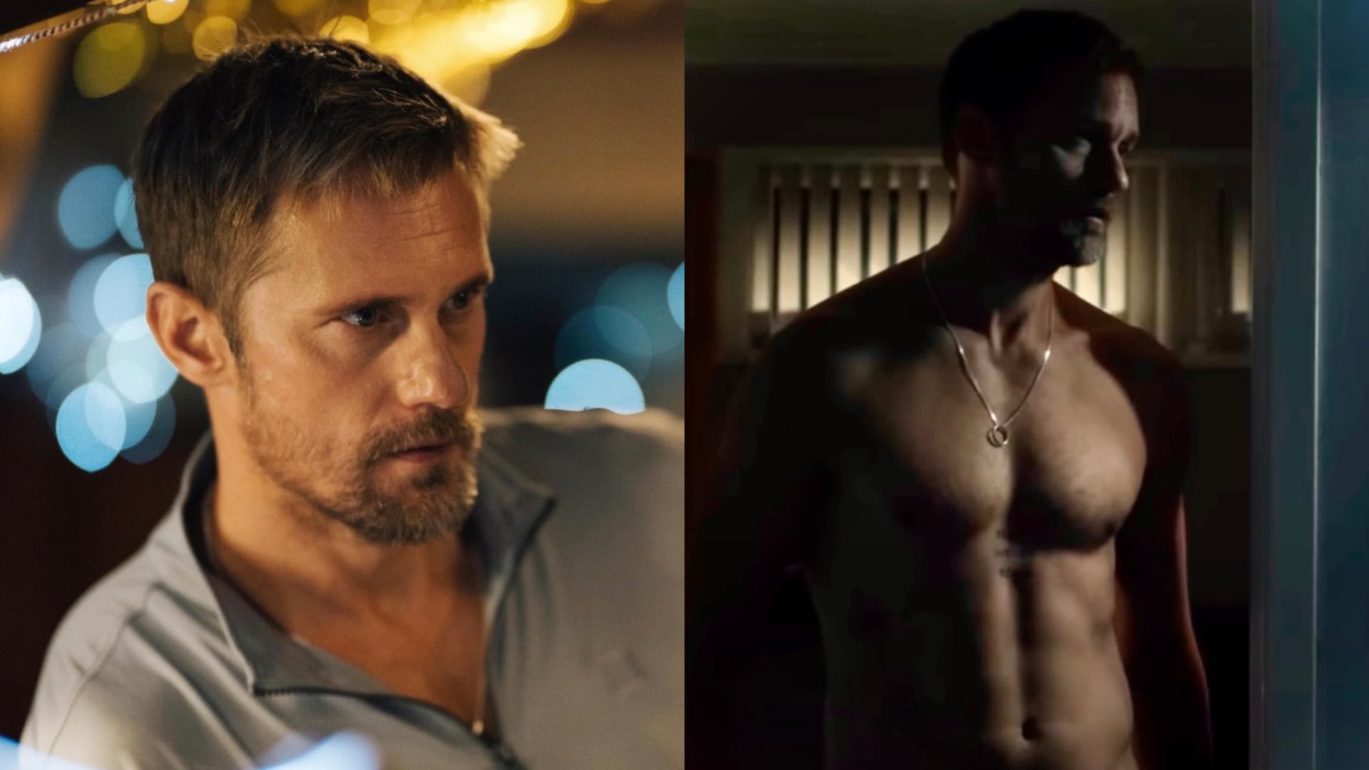 Alexander Skarsgård looking to the right on the left and him shirtless on the right