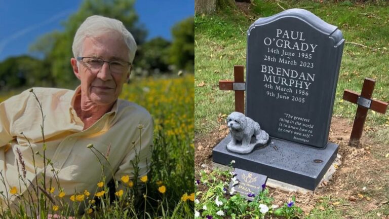 Paul O'Grady' in a field of yellow flowers on the left and his grave on the right