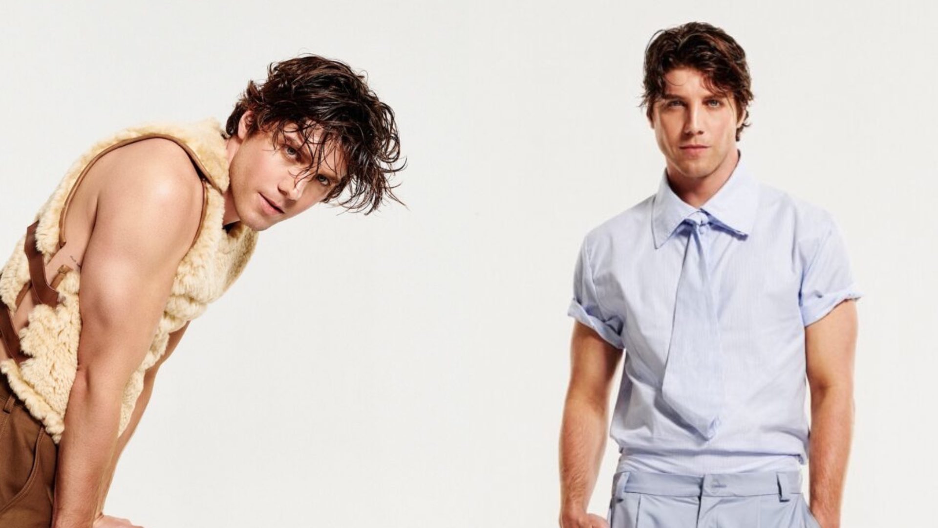 Lukas Gage flexing on the left and standing in a bus shirt on the right