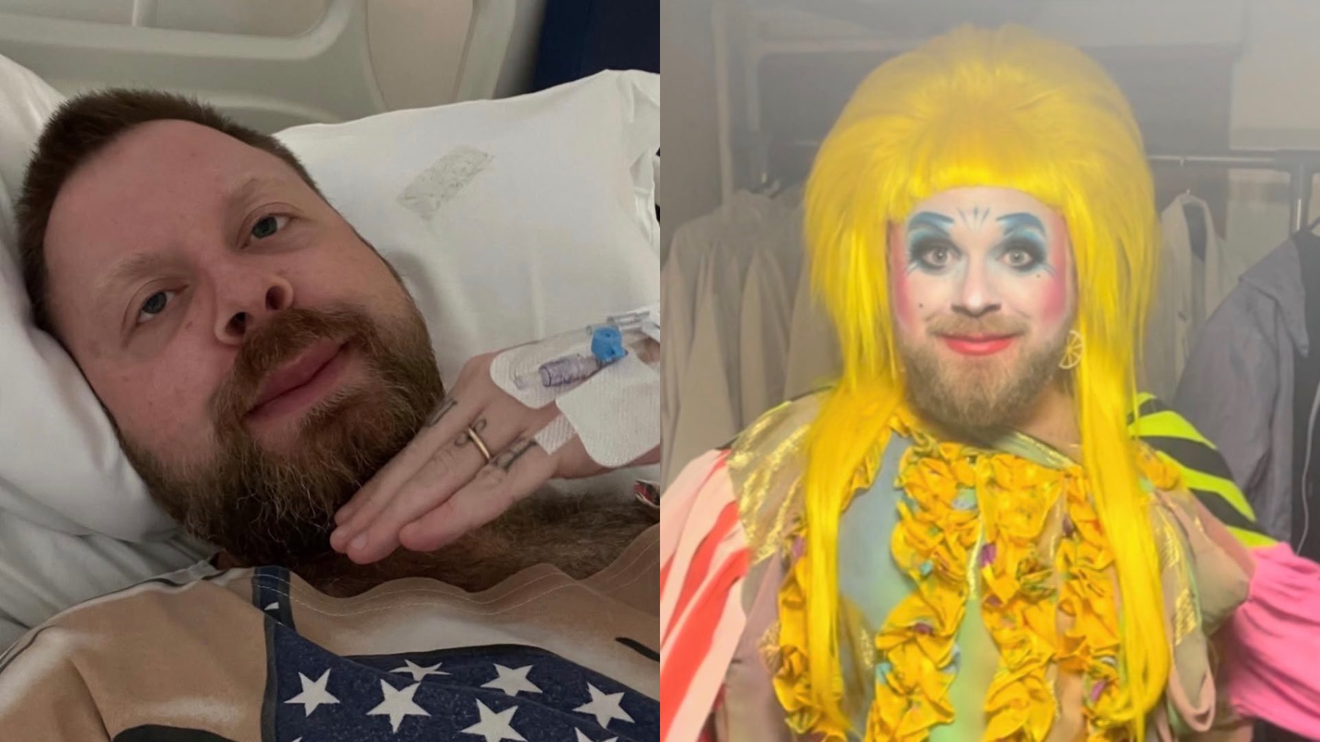 Ginny Lemon in hospital on the left and in drag on the right