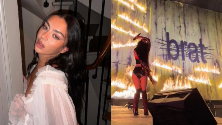 Charli XCX on the left and burning the brat flag on the right