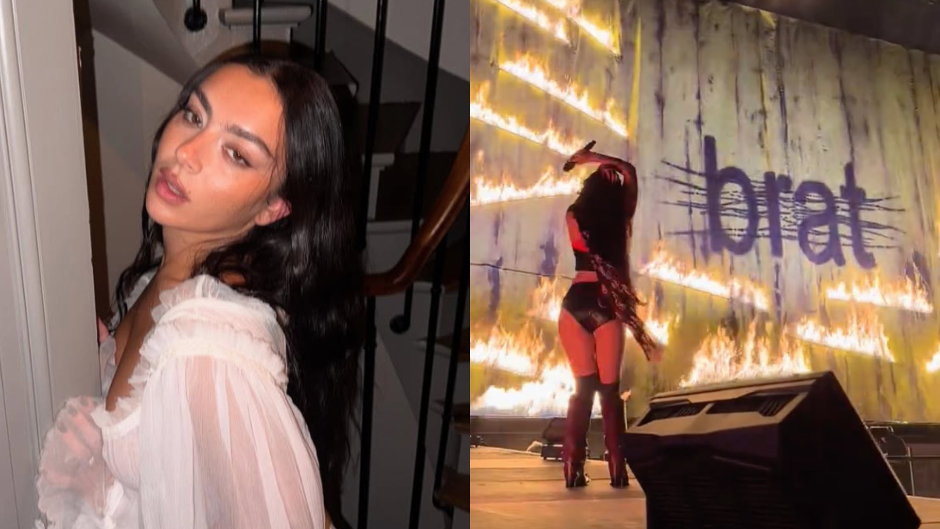 Charli XCX on the left and burning the brat flag on the right