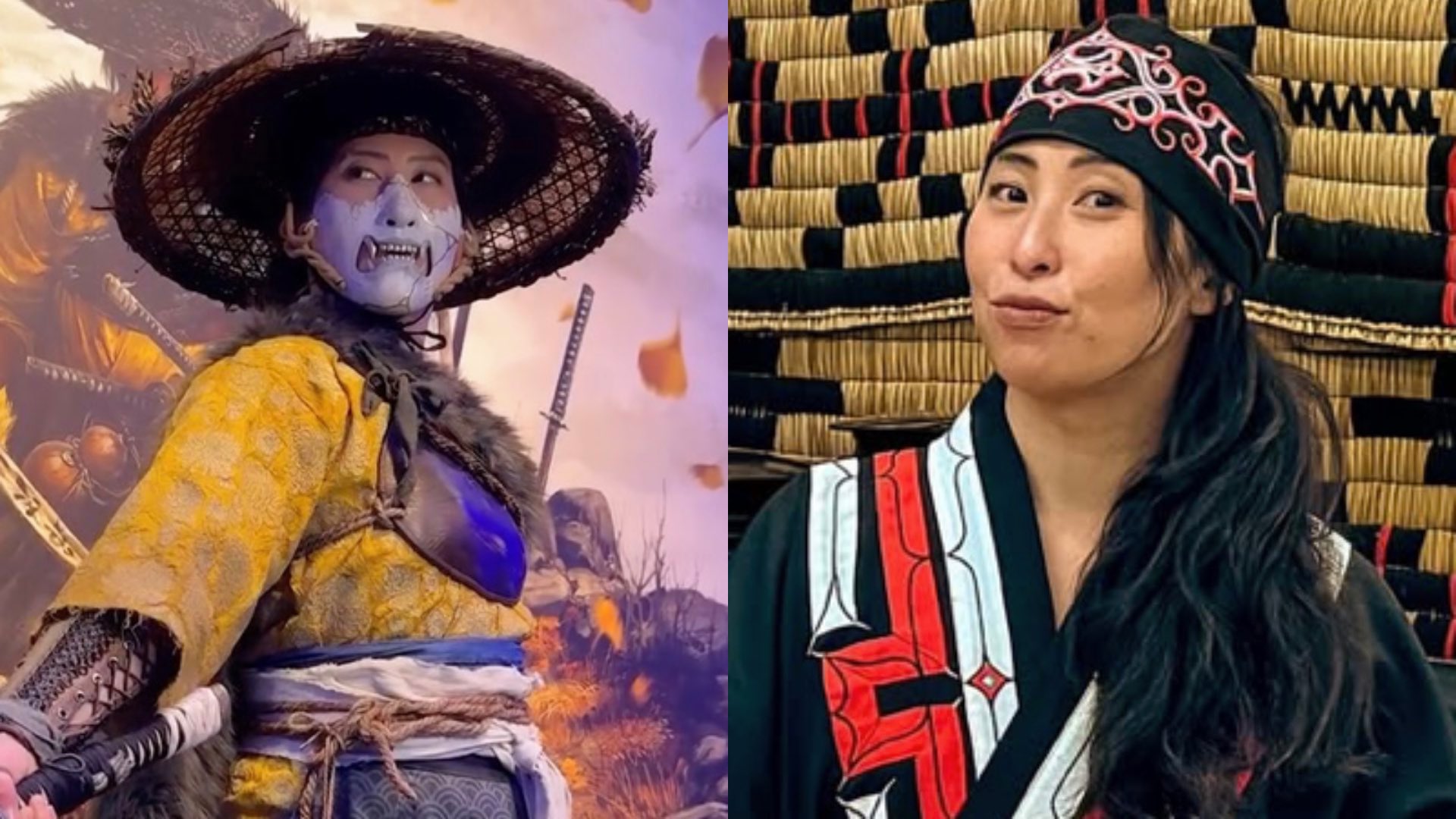 Erika Ishii in Ghost of Yōtei on the left and out of costume on the right