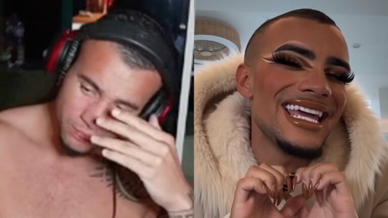 HS Tikky Tokky shirtless on the left with face in hand and his ai makeup deepfake on the right