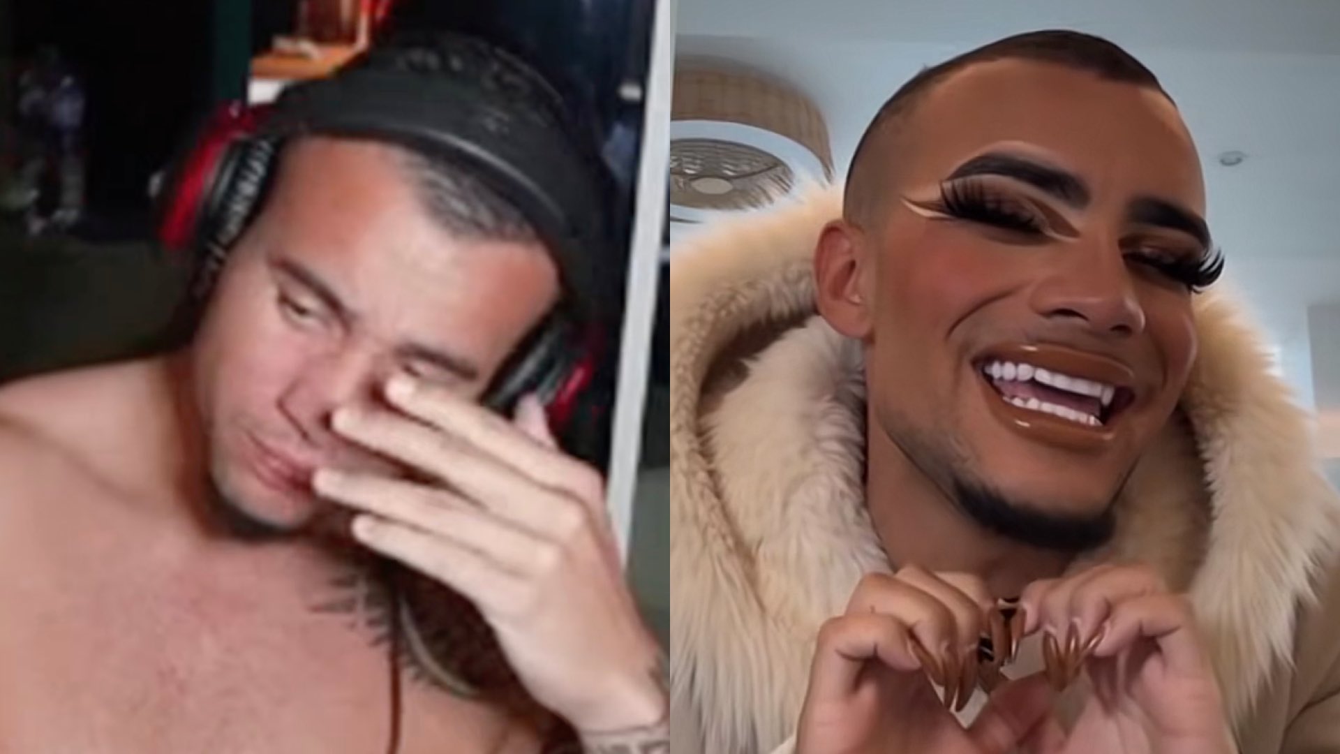 HS Tikky Tokky shirtless on the left with face in hand and his ai makeup deepfake on the right