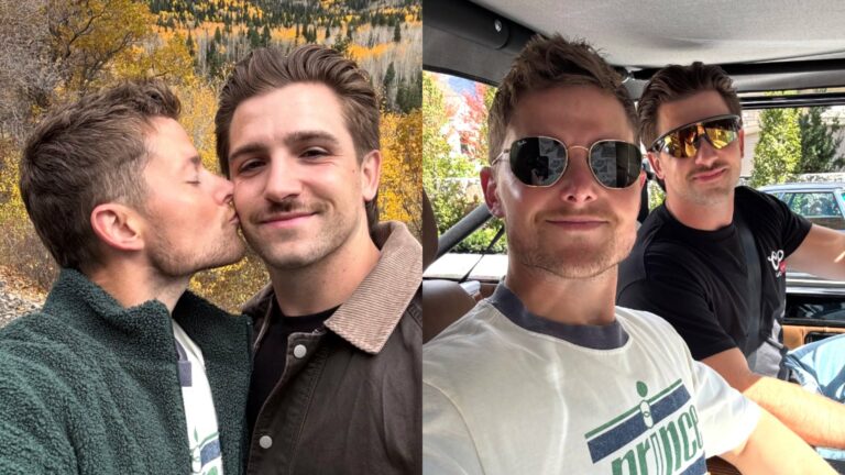 Crumbl Cookies co-founder Sawyer Hemsley and boyfriend, Antonio Bruno kissing on the left and posing happily in a car on the right