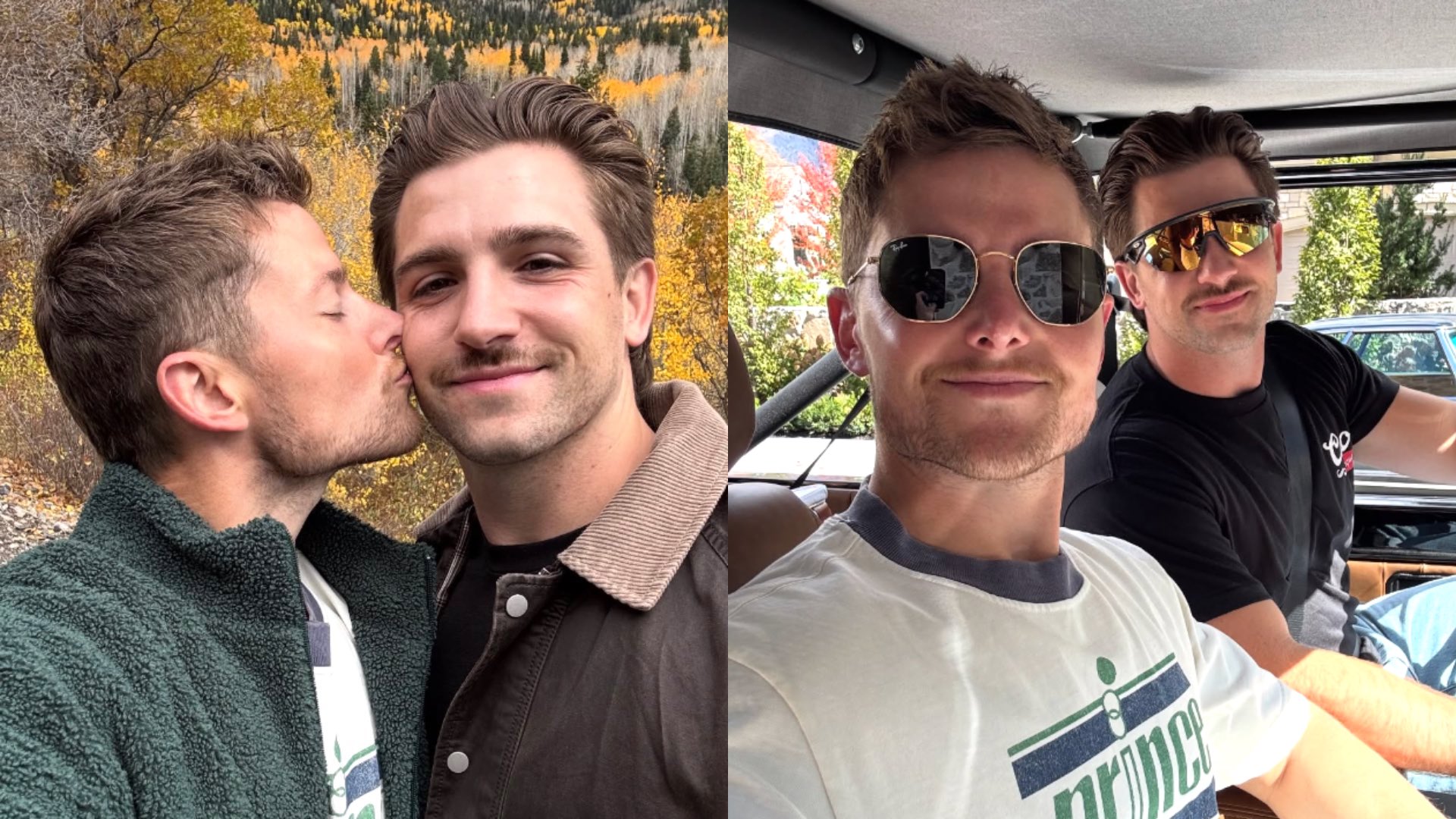 Crumbl Cookies co-founder Sawyer Hemsley and boyfriend, Antonio Bruno kissing on the left and posing happily in a car on the right