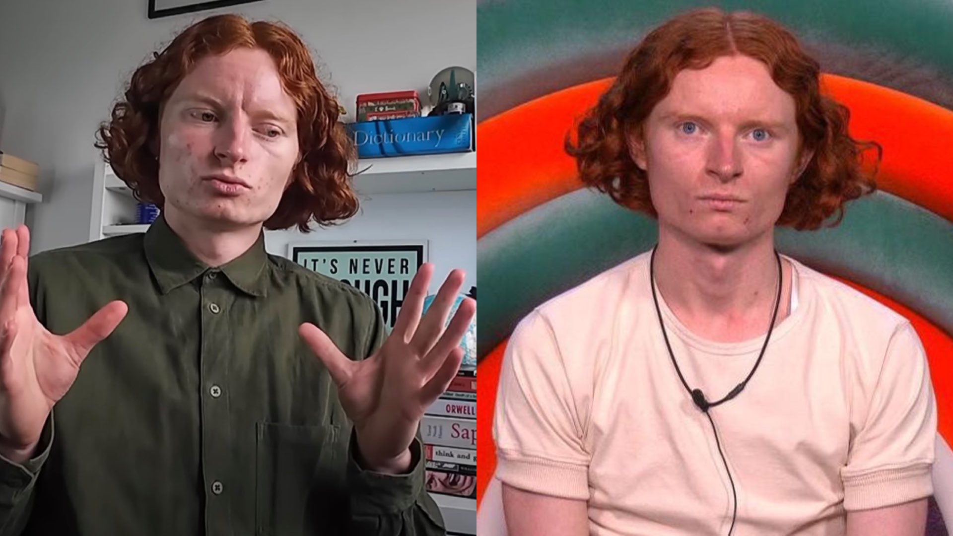 George Gilbert in a green shirt explaining why he was booted from the show on the left and in the Diary room on the right
