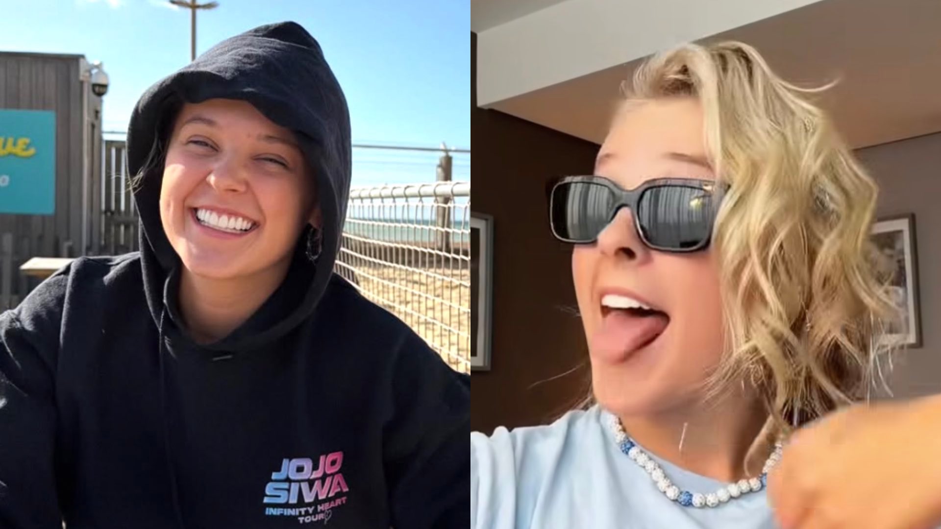 JoJo Siwa in a hoodie on the left and in sunglasses with her tongue out on the right