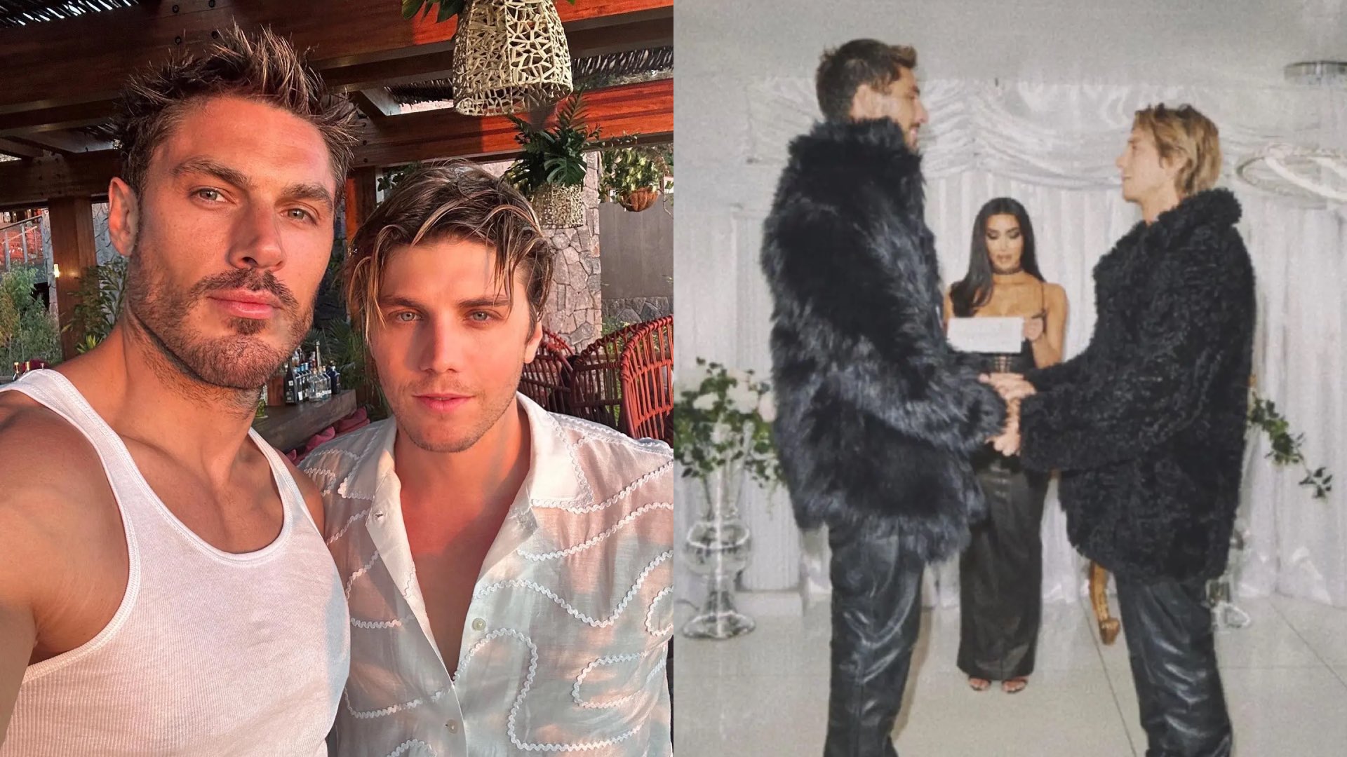 Lukas Gage and Chris Appleton in the sun on the left and at their vegas wedding on the right
