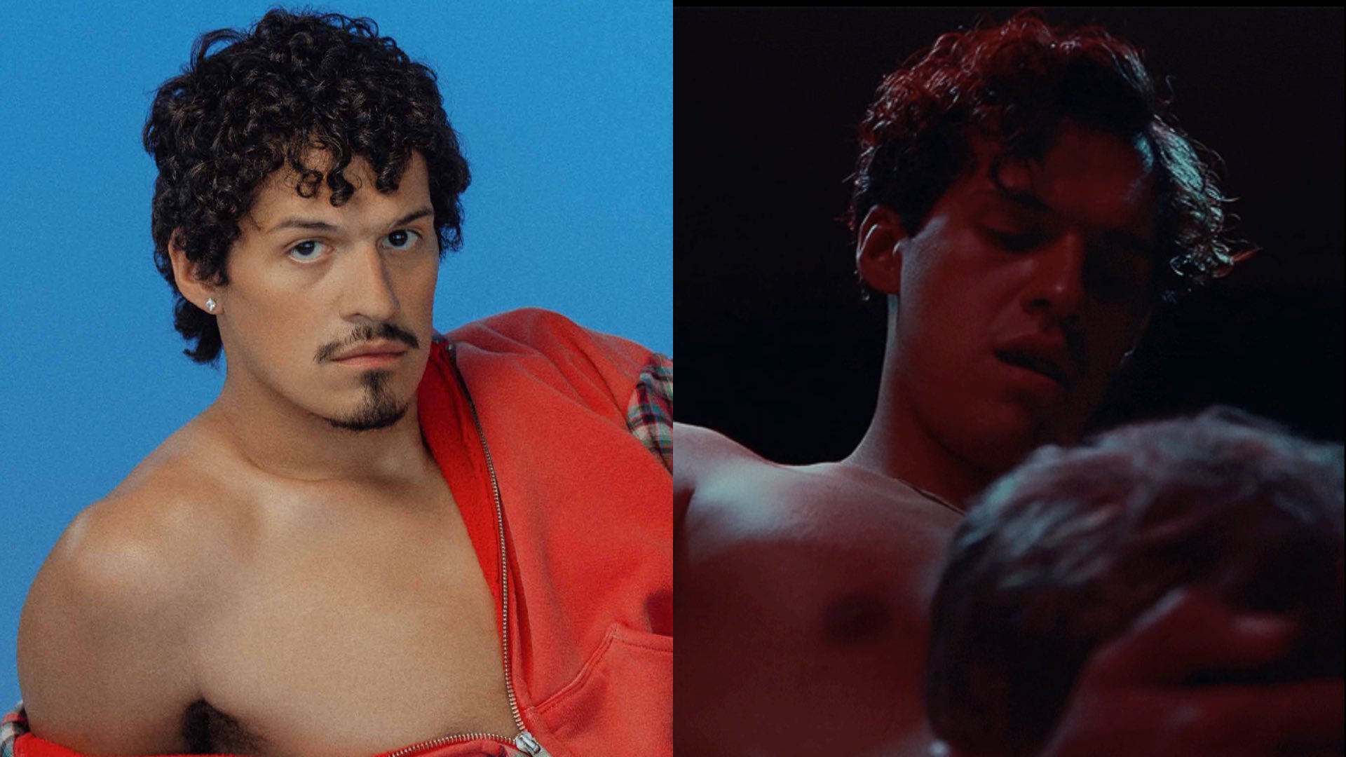 Omar Apollo shirtless on the left and in an intimate scene with Daniel Craig on the right