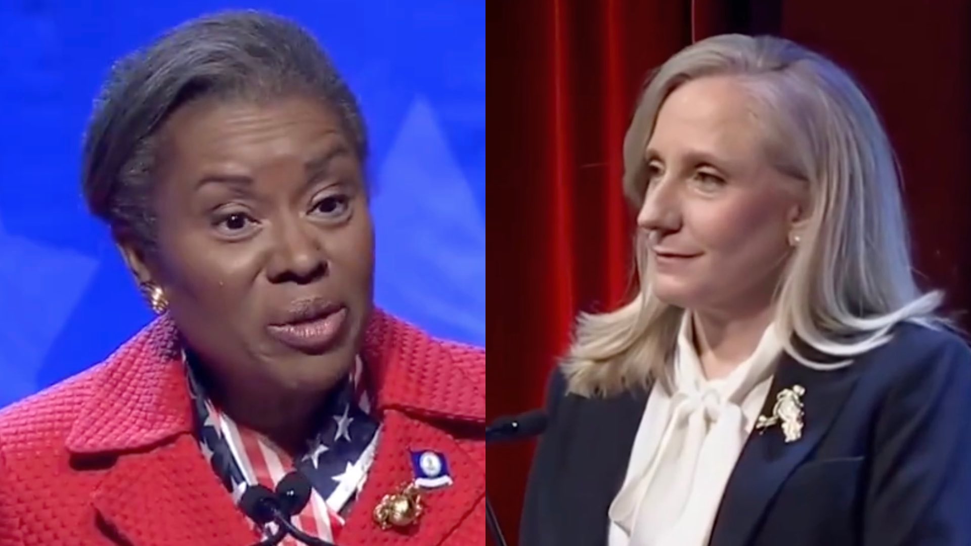 Winsome Earle-Sears (L); Abigail Spanberger (R) in a debate