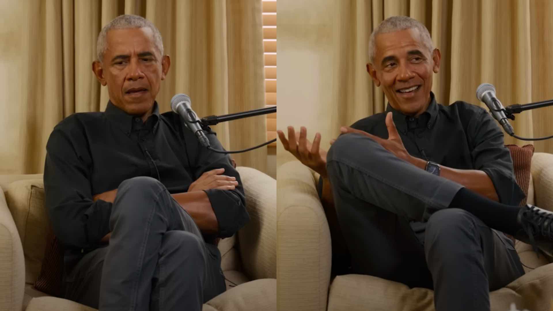Barack Obama speaking into a mic