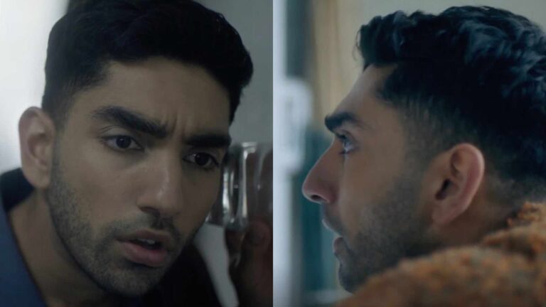 Mawaan Rizwa listening through a wall and hearing through a letterbox in Blackout film
