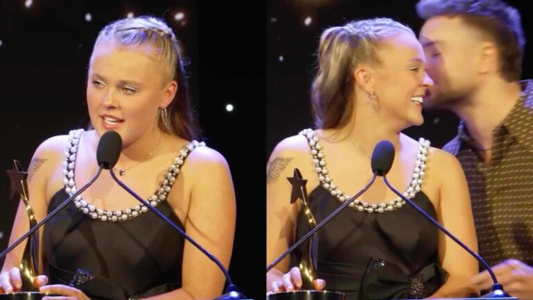 JoJo Siwa at the gala of the stars with Chris Hughes comforting her