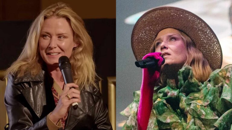 Róisín Murphy speaking into a mic on the left and performing on stage on the right