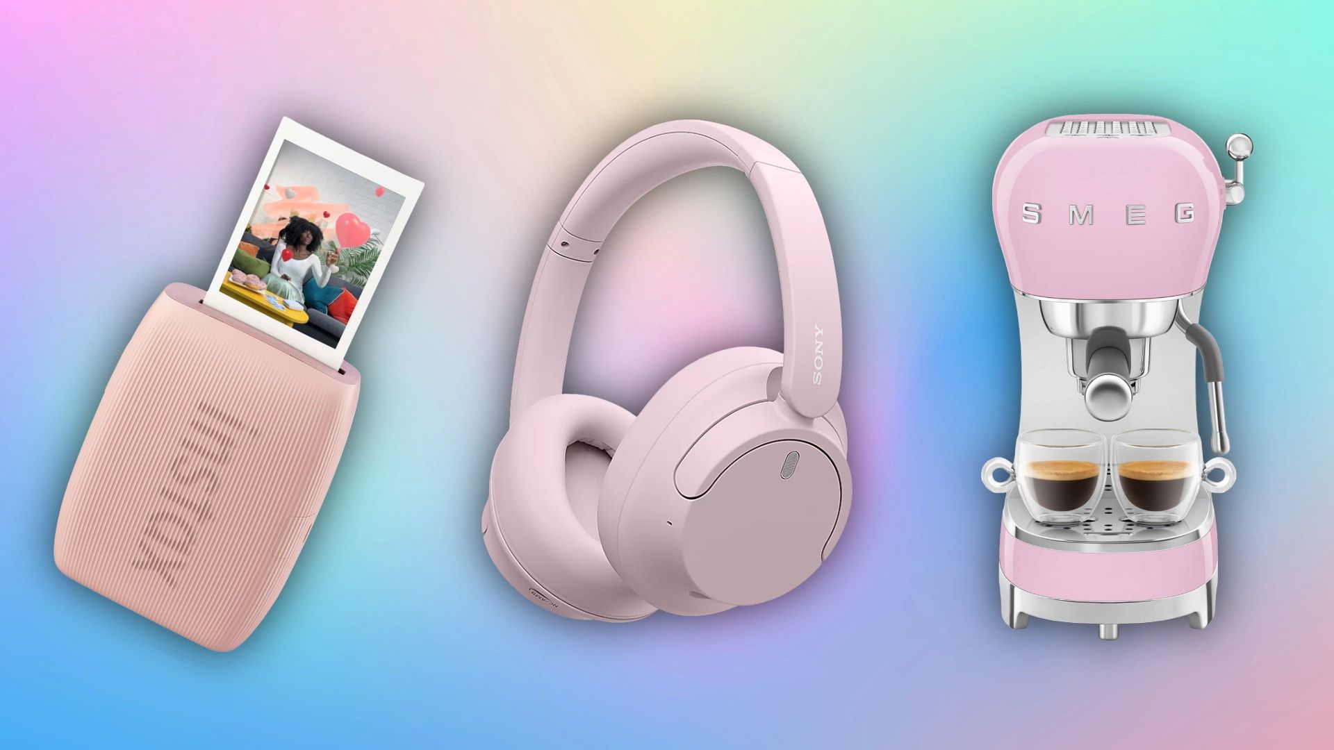 A photo printer, headphones and a coffee machine against a colourful backdrop