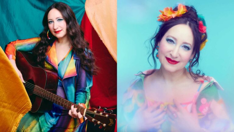 Side by side shots of Rachael Sage holding a guitar and wearing colourful outfits